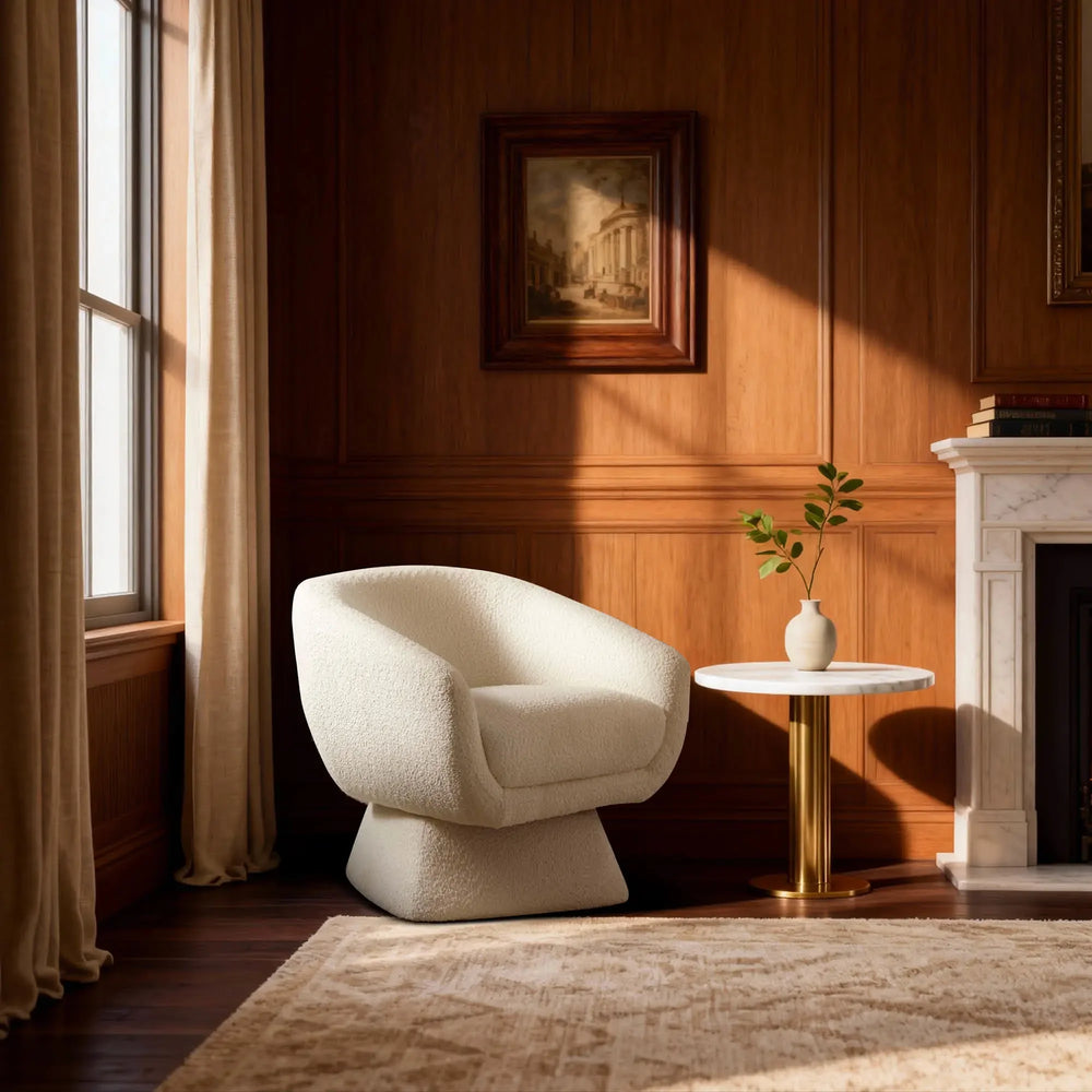 Nephele White Bouclé Barrel Swivel Chair