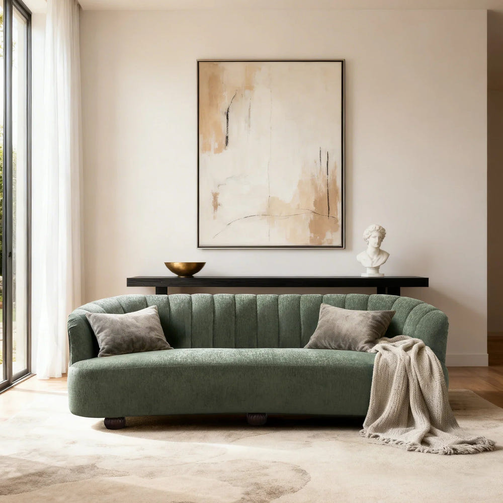 Velaf Green Chenille Curved Channeled Sofa (87'')