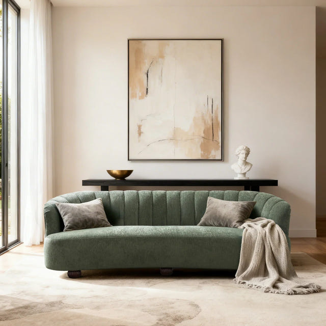 Velaf Green Chenille Curved Channeled Sofa (87'')