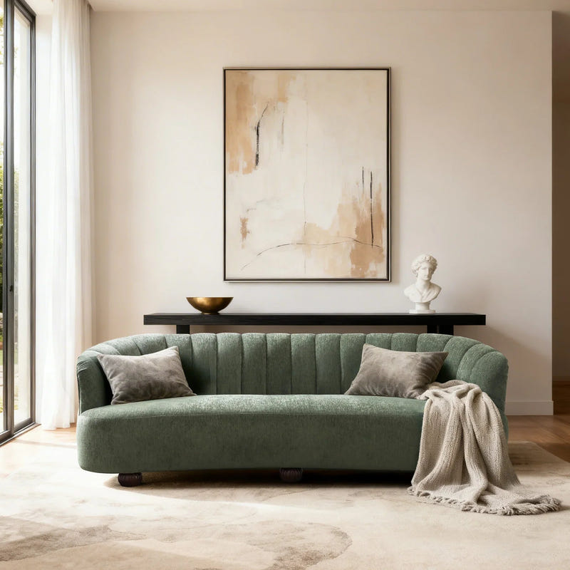 Velaf Green Chenille Curved Channeled Sofa (87'')
