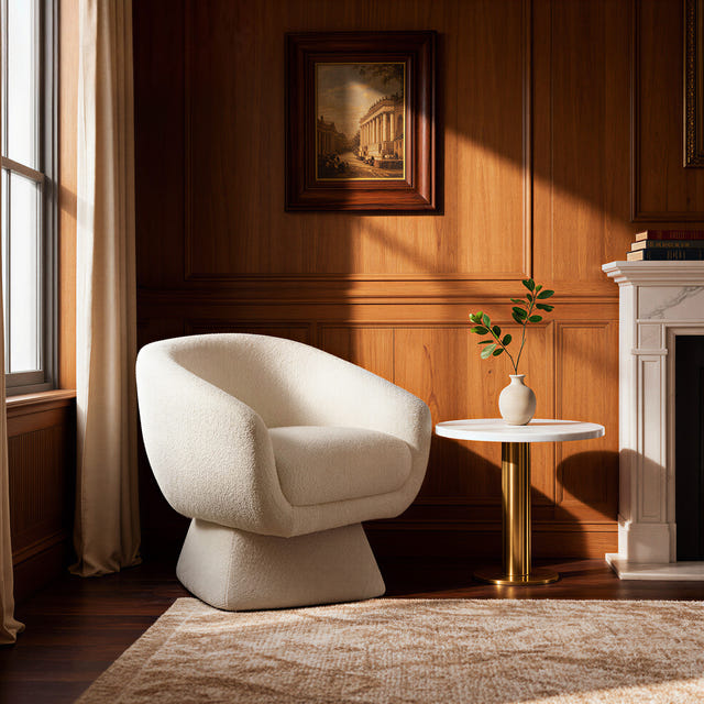 Nephele White Bouclé Barrel Swivel Chair