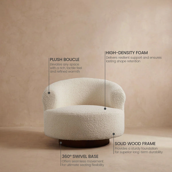 Floccus White Bouclé Round Swivel Chair