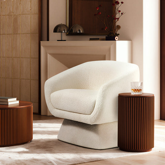 Nephele White Bouclé Barrel Swivel Chair
