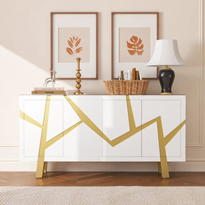 White 4-door sideboard with gold legs in a room setting