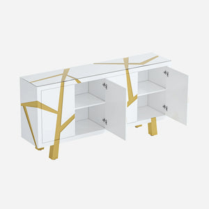 White 4-door sideboard with gold geometric accents on a white background
