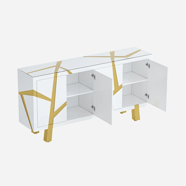 White 4-door sideboard with gold geometric accents on a white background