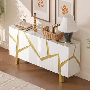 White 4-door sideboard with gold accents in a room setting