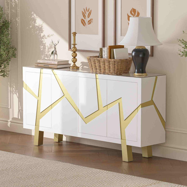 White 4-door sideboard with gold accents in a room setting
