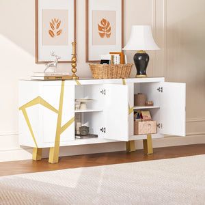 White 4-door sideboard with gold legs in a room setting