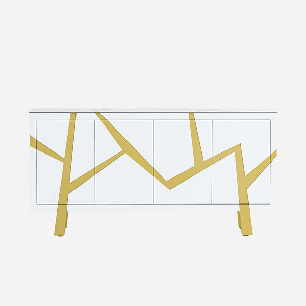 Modern 4-door sideboard with gold geometric legs on a white background