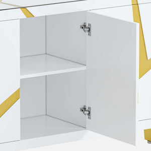 White sideboard cabinet with open door on a white background