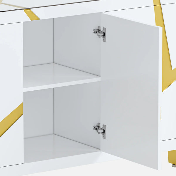 White sideboard cabinet with open door on a white background