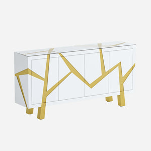 White 4-door sideboard with gold geometric design on a white background
