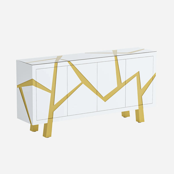 White 4-door sideboard with gold geometric design on a white background