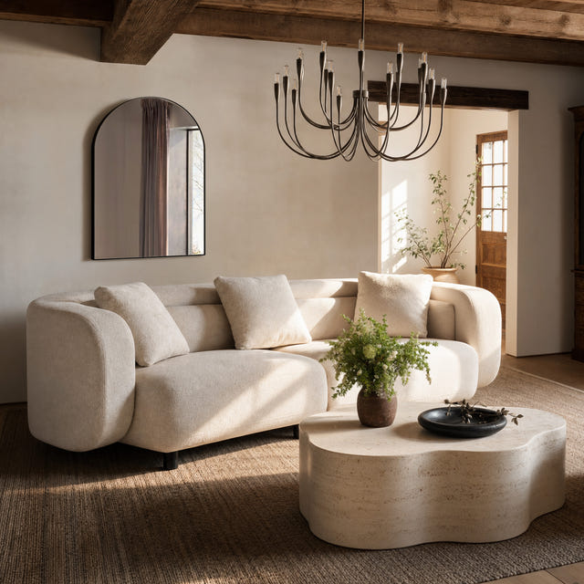 Covan White Cotton & Linen Curved Sofa (104'')