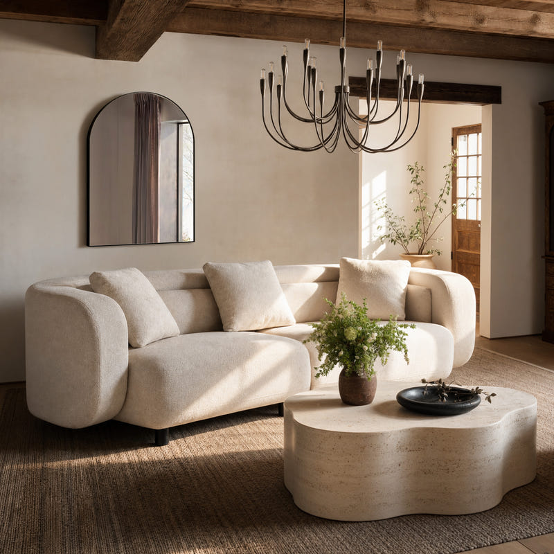 Covan White Cotton & Linen Curved Sofa (104'')