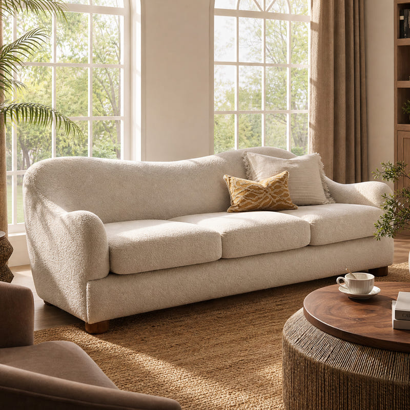 Wave White Bouclé Curved Sofa (86'')