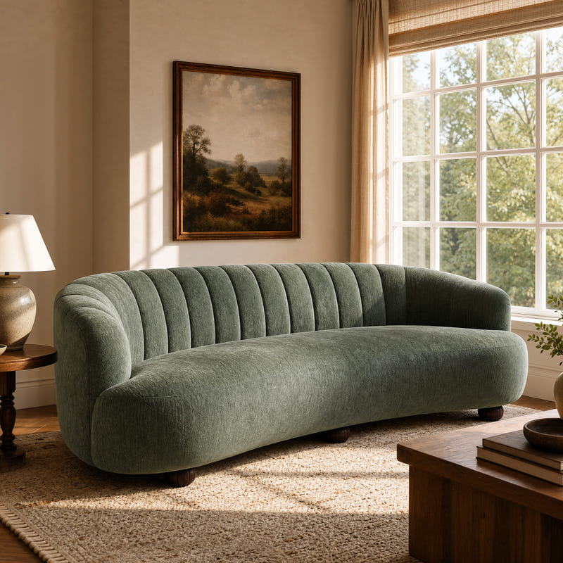 Velaf Green Chenille Curved Channeled Sofa (87'')