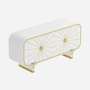 White 4-door buffet with gold geometric design on a white background.