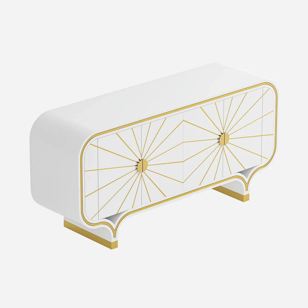 White 4-door buffet with gold geometric design on a white background.