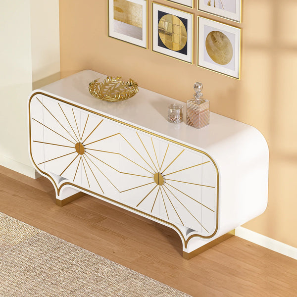 White 4-door buffet with gold accents in a room with framed art on the wall.