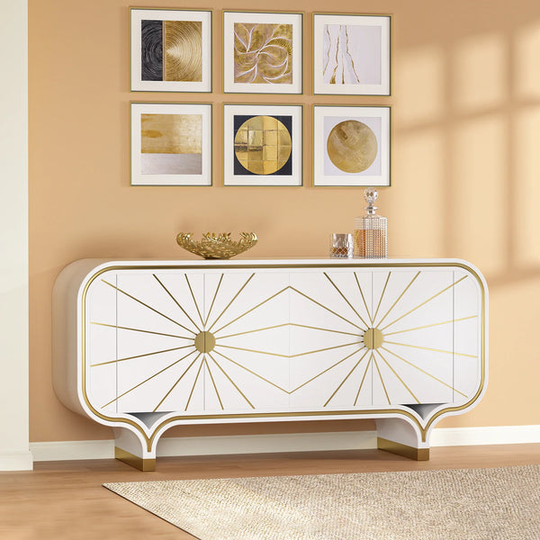 Decorative 4-door buffet with gold accents against a beige wall with framed art.