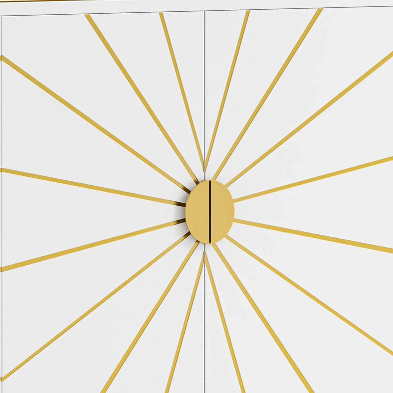 Gold sunburst design on a white background. Part of the 4-door buffet accents.