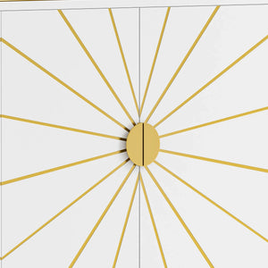 Gold sunburst design on a white background. Part of the 4-door buffet accents.