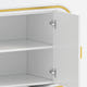 White cabinet with gold accents and open door on a white background