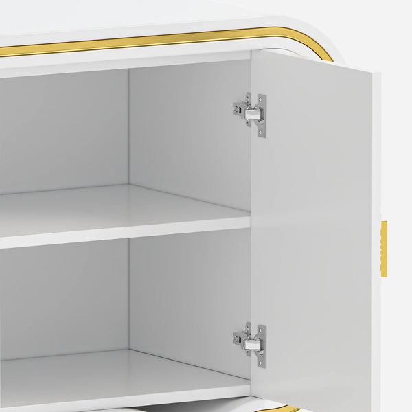 White cabinet with gold accents and open door on a white background