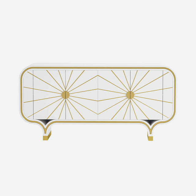 Decorative 4-door buffet with gold geometric design on a white background