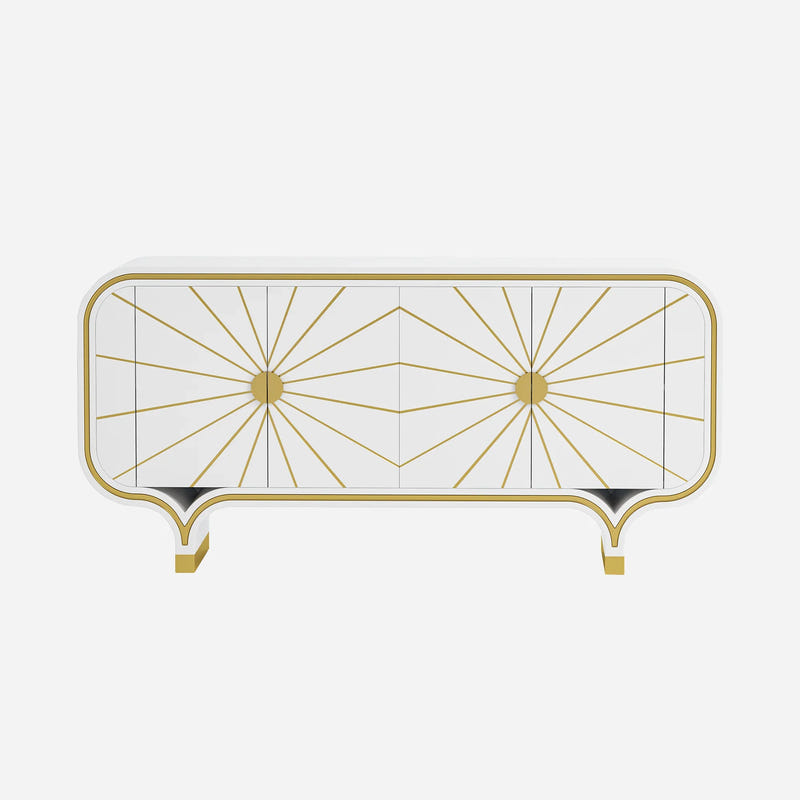 Decorative 4-door buffet with gold geometric design on a white background