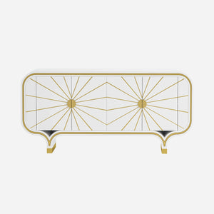 Decorative 4-door buffet with gold geometric design on a white background