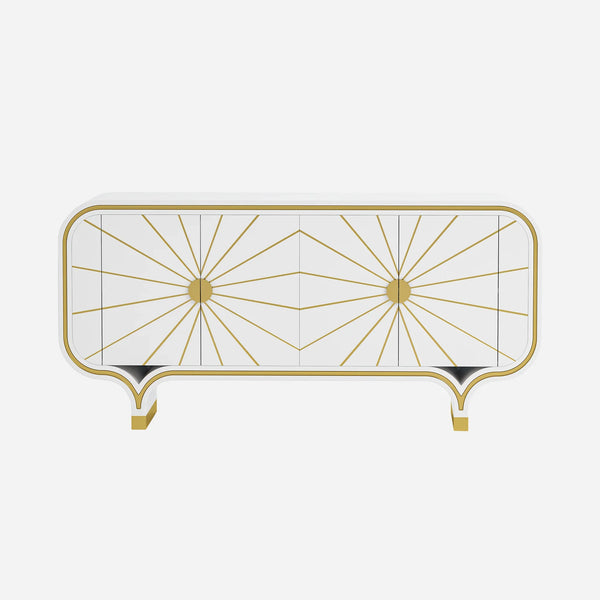 Decorative 4-door buffet with gold geometric design on a white background