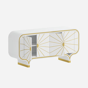 White console table with gold geometric patterns on a white background