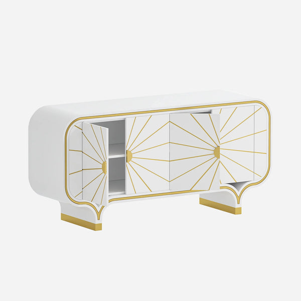 White console table with gold geometric patterns on a white background